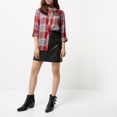Petite red check embroidered western shirt